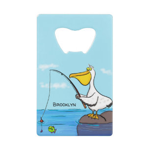 Funny fishing pelican cartoon credit card bottle opener