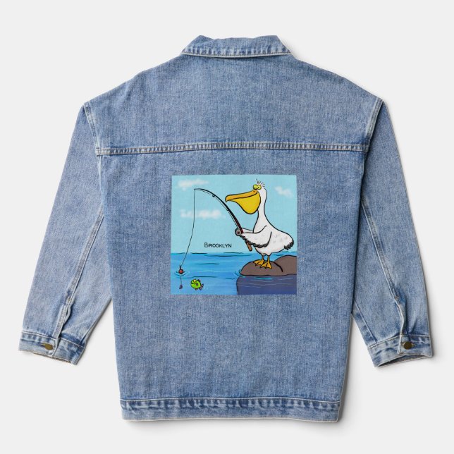 Funny fishing pelican cartoon denim jacket (Back)