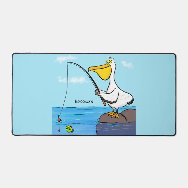 Funny fishing pelican cartoon desk mat (Front)