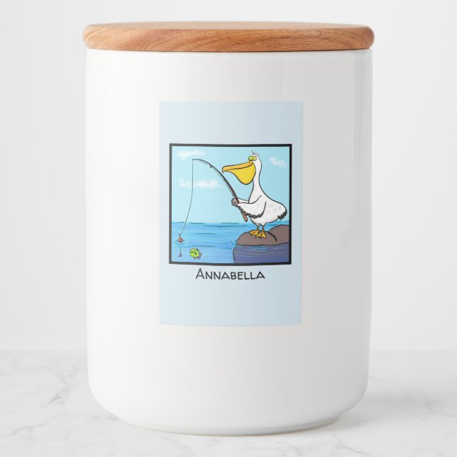 Funny fishing pelican cartoon food label (Front)