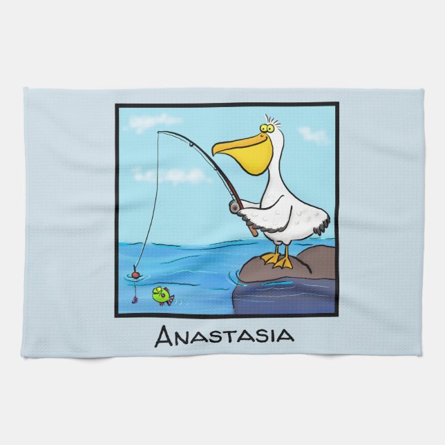 Funny fishing pelican cartoon kitchen towel (Horizontal)