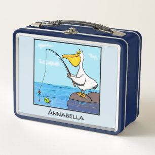 Funny fishing pelican cartoon metal lunch box