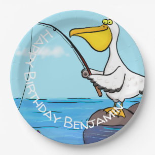 Funny fishing pelican cartoon paper plate