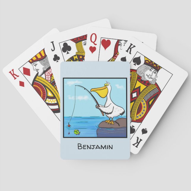 Funny fishing pelican cartoon playing cards (Back)