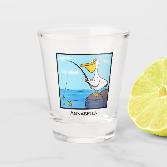 Funny fishing pelican cartoon  shot glass (Front)