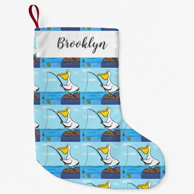 Funny fishing pelican cartoon small christmas stocking (Front)