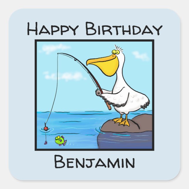 Funny fishing pelican cartoon square sticker (Front)