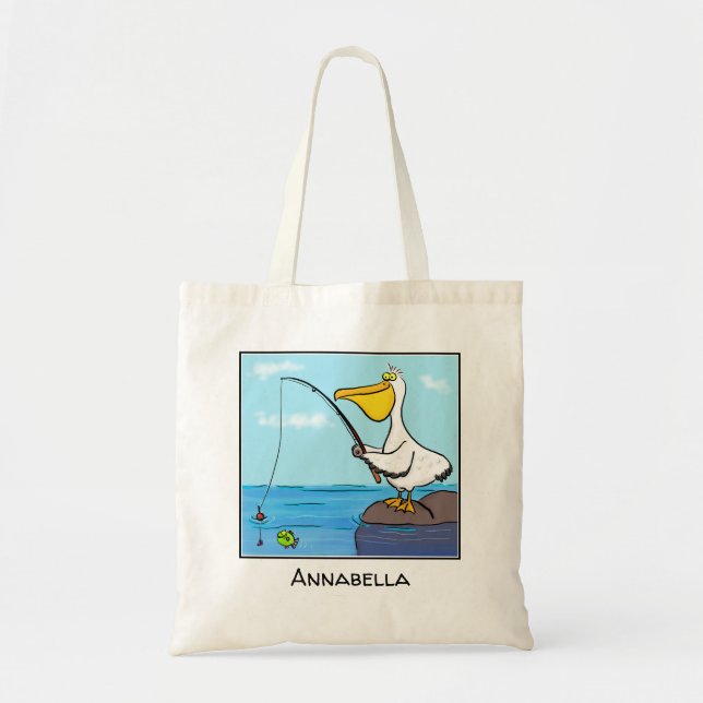 Funny fishing pelican cartoon tote bag (Front)