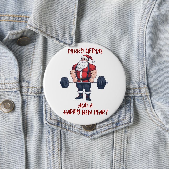 Funny Fitness Christmas Liftmas Barbell Santa 4 Inch Round Button (In Situ)
