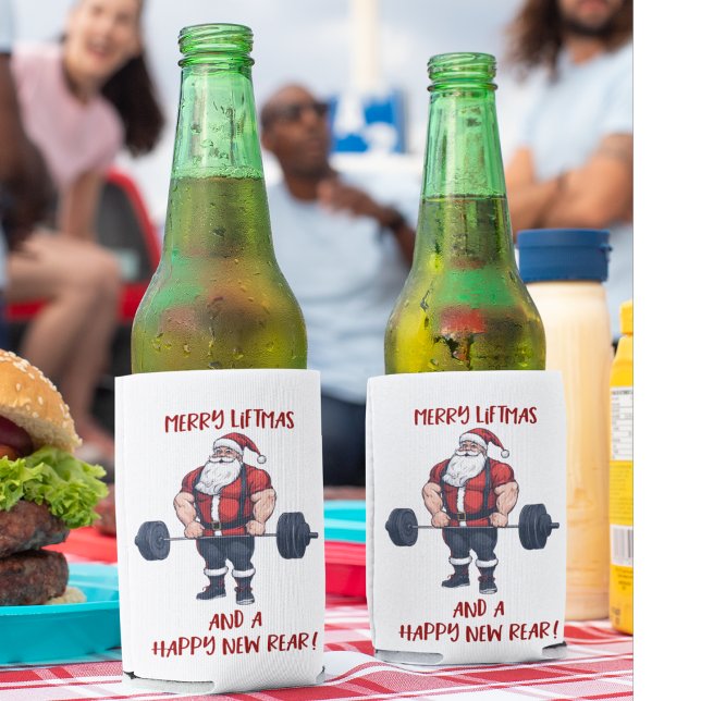 Funny Fitness Christmas Liftmas Barbell Santa Can Cooler (Funny fitness themed Christmas party cheer Beer Coolers.)