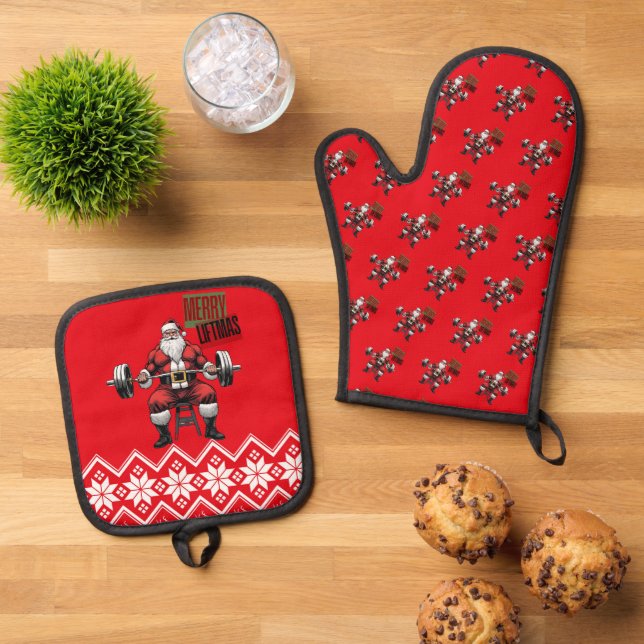 Funny Fitness Christmas Liftmas Barbell Santa Gym Oven Mitt & Pot Holder Set (Top Down)