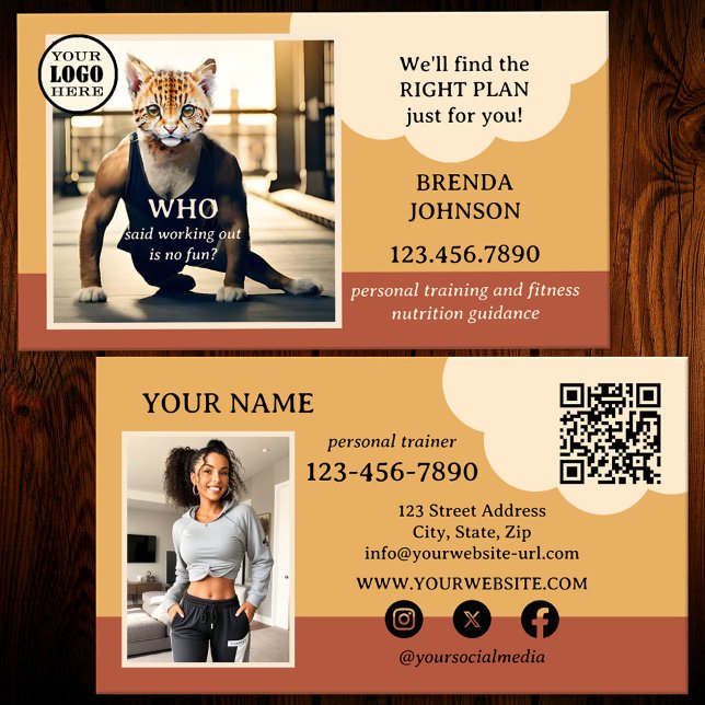 Funny Fitness Health Personal Trainer Business Card (Funny business card for a fitness instructor in terra cotta colors with QR code template and photo)