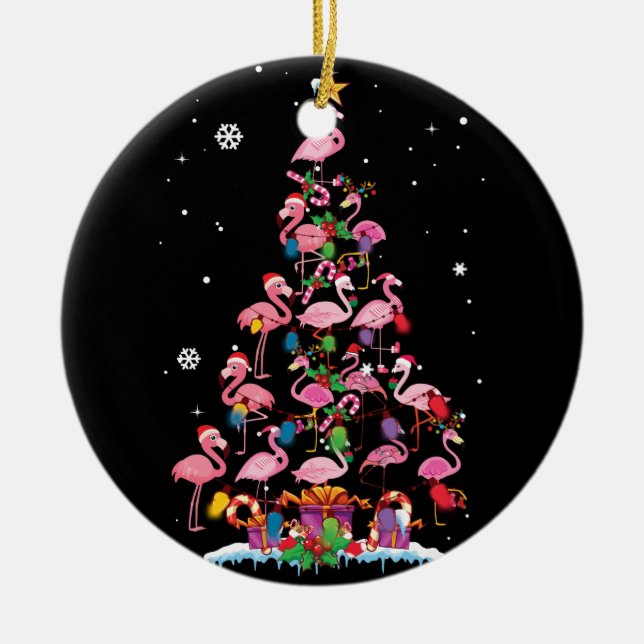 Funny Flamingo Christmas Tree Ceramic Ornament (Front)