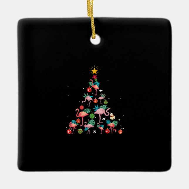 Funny Flamingo Christmas Tree Ceramic Ornament (Front)