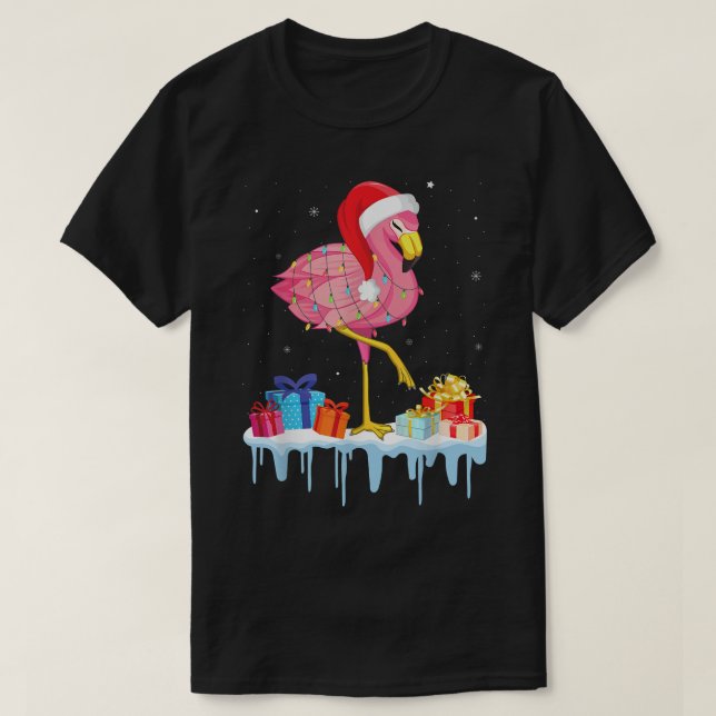 Funny Flamingo Christmas Tree Santa Hat Xmas Light T-Shirt (Design Front)