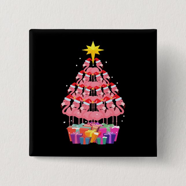 Funny Flamingo Christmas TreeGift Tee 2 Inch Square Button (Front)