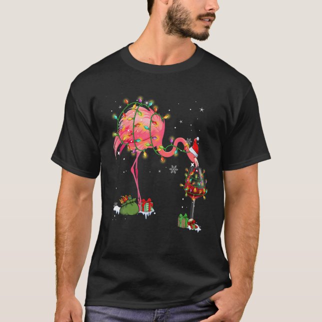 Funny Flamingo Drinking Wine On Christmas Xmas Paj T-Shirt (Front)