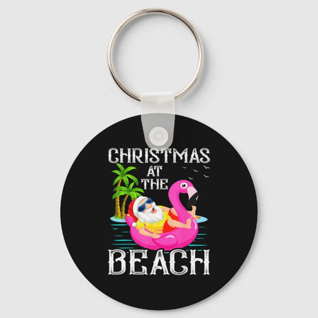 Funny Flamingo Float Santa Claus Christmas At The  Keychain (Front)