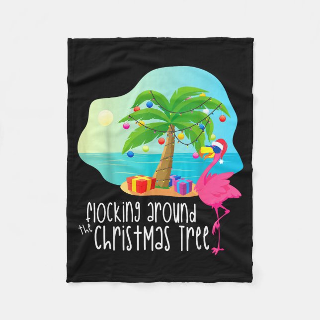 Funny Flamingo Flocking Around The Christmas Tree  Fleece Blanket (Front)