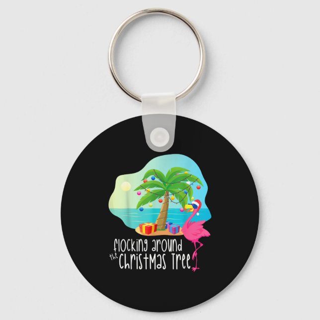 Funny Flamingo Flocking Around The Christmas Tree  Keychain (Front)