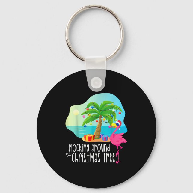Funny Flamingo Flocking Around The Christmas Tree  Keychain (Front)