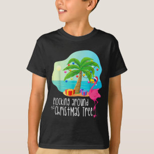 Funny Flamingo Flocking Around The Christmas Tree T-Shirt