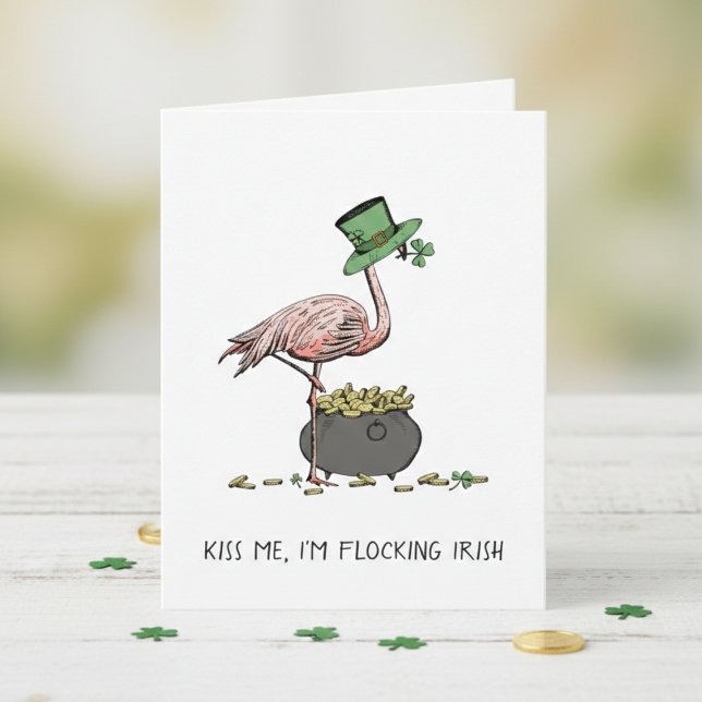 Funny Flamingo Kiss Me I'm Irish St Patrick's Day Card (Funny Irish Flamingo Happy St Patrick's Day Cards. Kiss me I'm Flocking Irish Green Shamrock Pattern)
