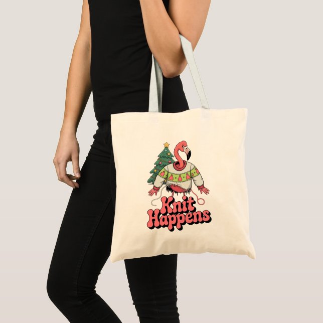 Funny Flamingo Knit Happens Christmas Tote Bag (Front (Product))