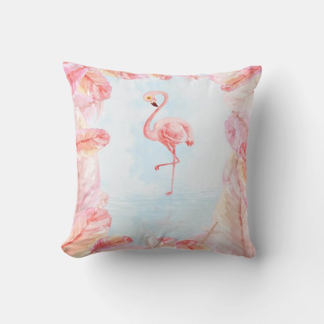 Funny Flamingo Lovers | Flamingo Feather Print Art Throw Pillow (Front)