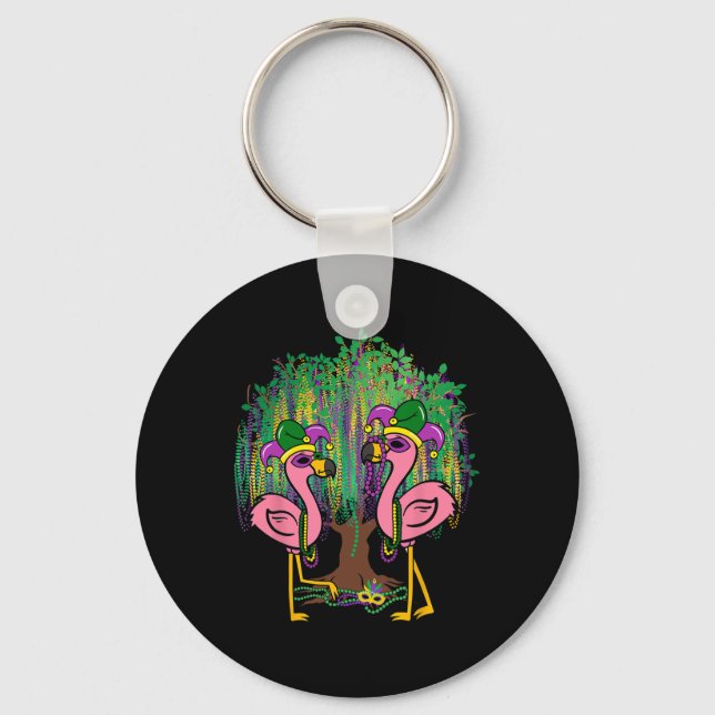 Funny Flamingo Mardi Gras Carnival Beads Tree Jest Keychain (Front)