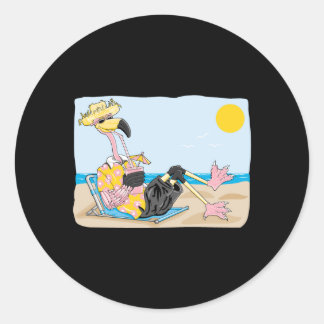 funny flamingo on vacation classic round sticker