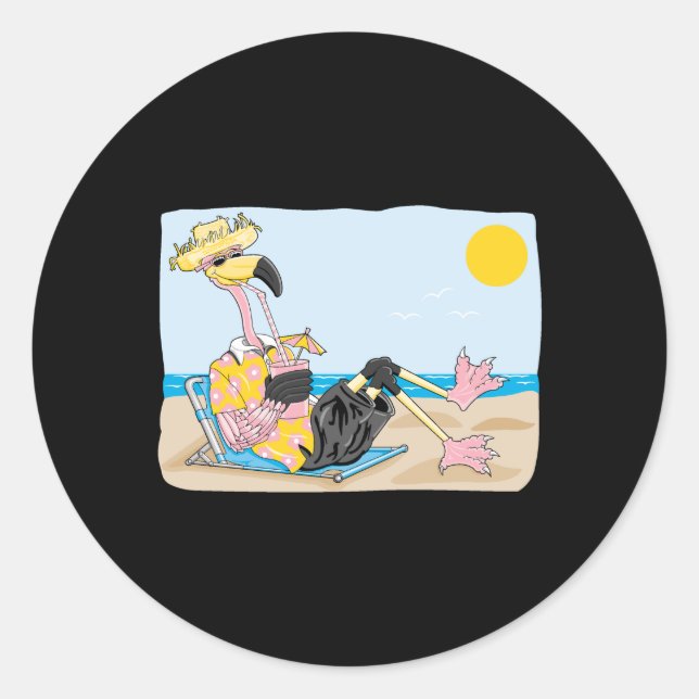 funny flamingo on vacation classic round sticker (Front)