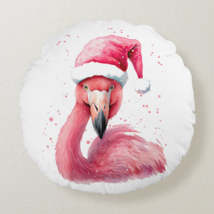 Funny flamingo santa hat Merry tropical Christmas Round Pillow