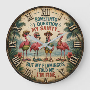 Funny Flamingo Tropical Beach Coastal Farmhouse Large Clock
