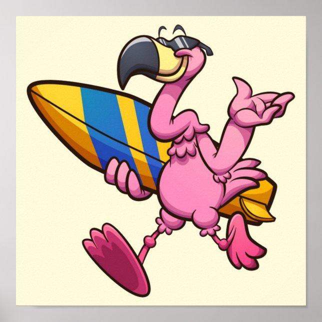 Funny Flamingo with Surf Board Poster (Front)
