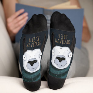 Funny “Fleece Navidad” Llama with Stripes on Blue  Socks