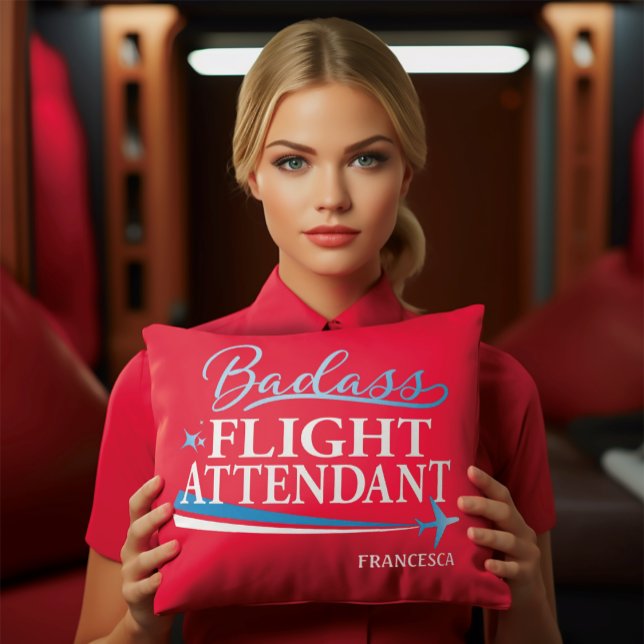 Funny Flight Attendant Badass Personalized Red Throw Pillow (Creator Uploaded)