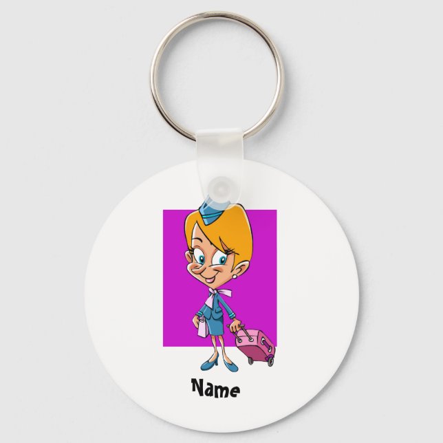 Funny flight attendant cartoon air hostess keychain (Front)