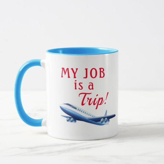 Funny Flight Attendant Takeoff Blue Plane Mug (Left)