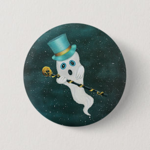 Funny Floating Ghost in Sky Blue Green Top Hat 2 Inch Round Button