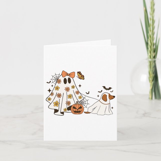 Funny Floral Ghost Walking Dog Halloween Ghost Dog Card (Front)