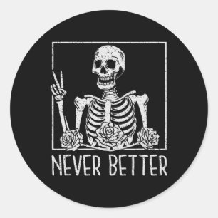 Funny Floral Halloween Skeleton Drinking Coffee Ne Classic Round Sticker