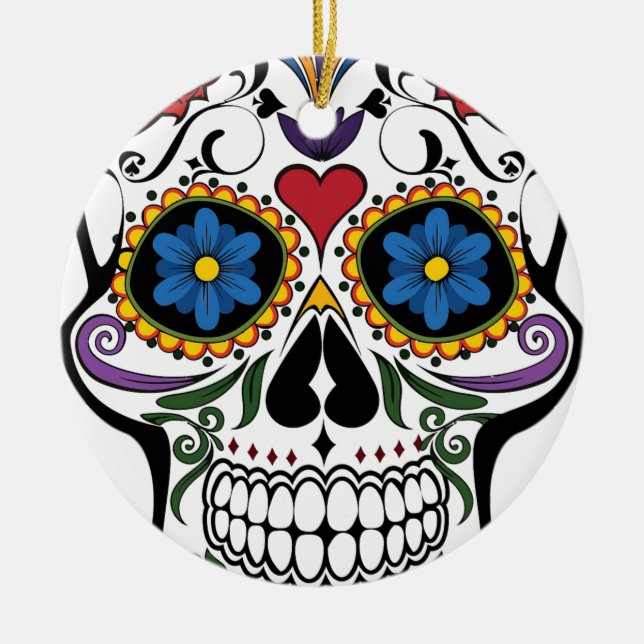 Funny Floral Skull Ceramic Ornament (Front)