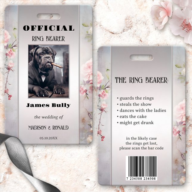Funny Floral Wedding Ring Bearer Photo ID Badge (Funny wedding ring bearer photo ID badge with your custom photo on a floral pink grey design)