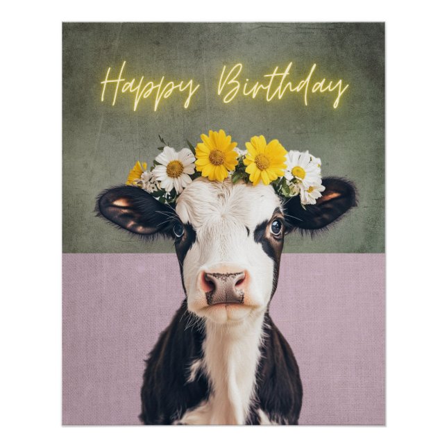 Funny Flower Cow Birthday  Poster (Front)