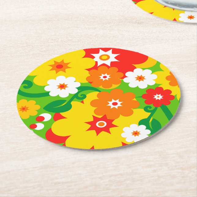 Funny Flower Power Wallpaper Round Paper Coaster (Angled)