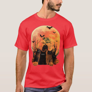 Funny Fluffy Black Cats Moon Pumpkin Bats Hallowee T-Shirt