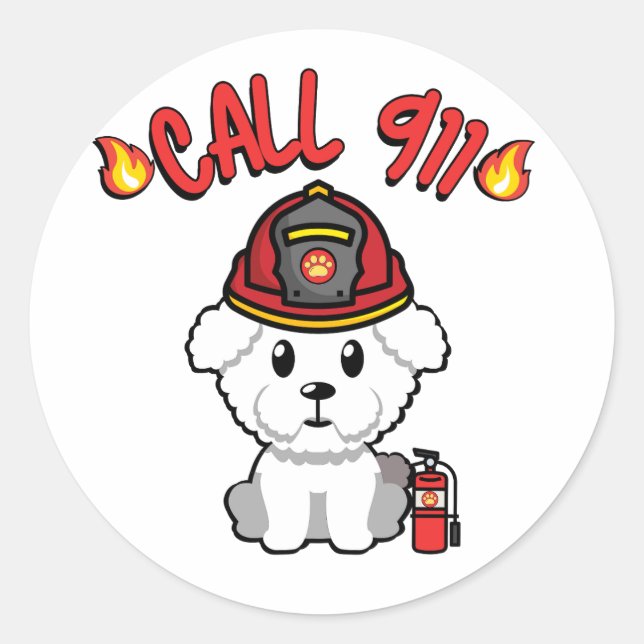 Funny Fluffy dog is a firefighter  Classic Round Sticker (Front)