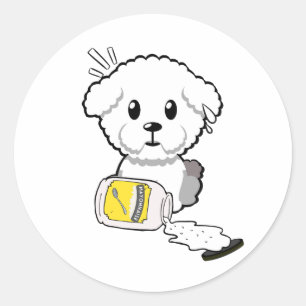 Funny fluffy dog spilled mayonnaise classic round sticker