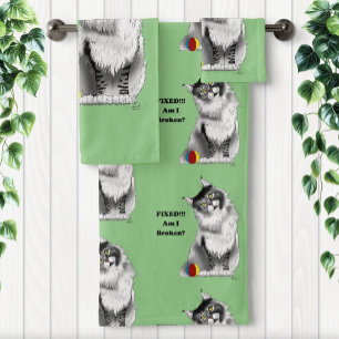 Funny Fluffy Maine Coon Cat Green Humour Bath Towel Set